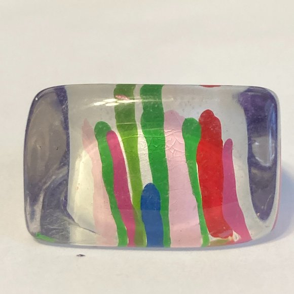 Vintage Lucite Acrylic Ring Size 6 Retro Abstract Hand Painted Pink Red White - Picture 4 of 12